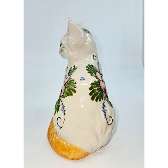 Handpainted Delft Style Ceramic Cat Figurine 5.5" Tall With Floral Design - Picture 2 of 7